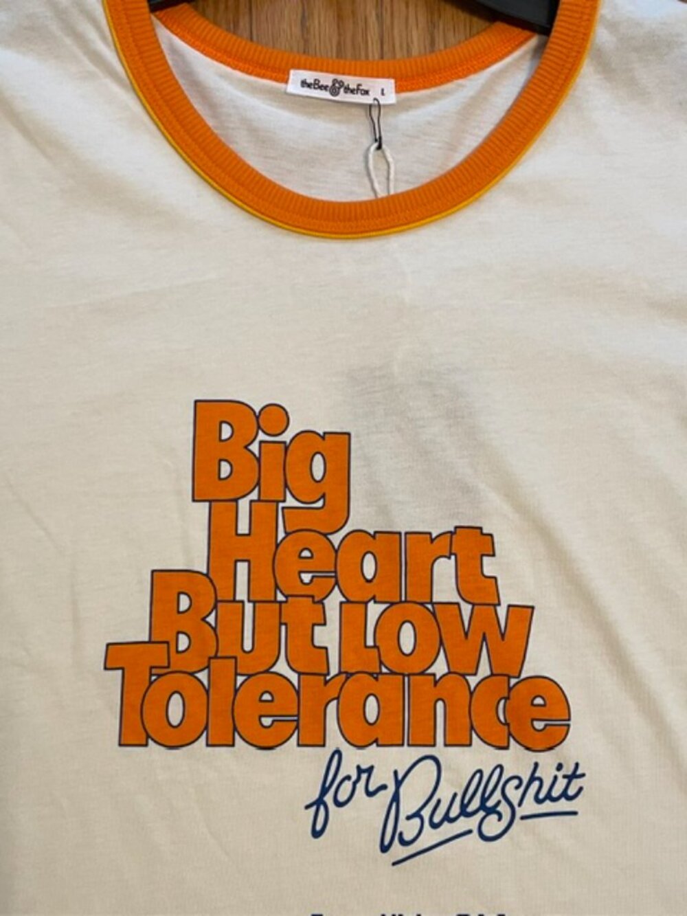 THE BEE AND THE FOX Ringer Tee Big Heart Low Tolerance L Large NWT - Picture 2 of 5